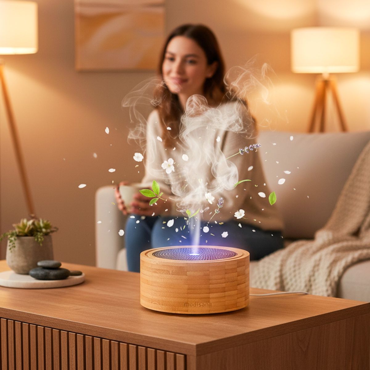 Ein Aroma-Diffuser verströmt Duftnebel mit floralen Elementen, während eine Frau entspannt im Hintergrund auf dem Sofa sitzt.